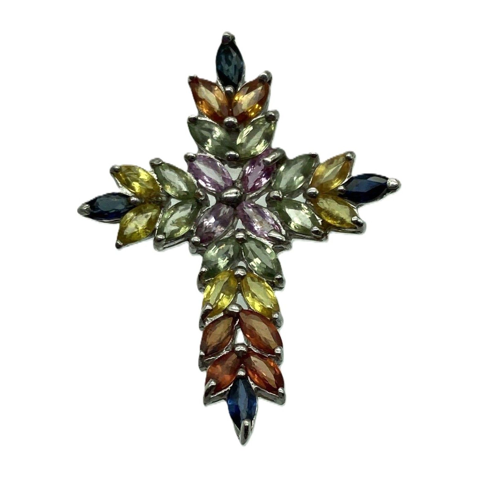 Sapphire Cross Pendant Prong Set Sterling Silver Multi Color Pear Cut 2.28g